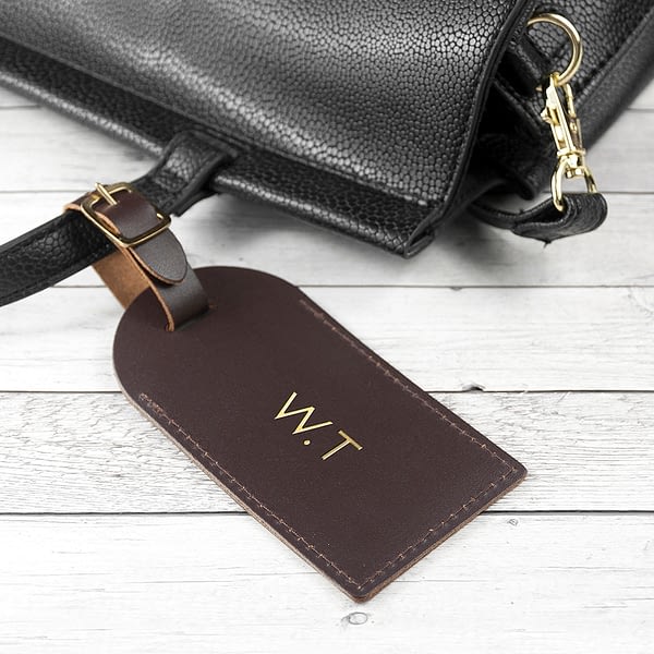 Personalised Brown Foiled Leather Luggage Tag