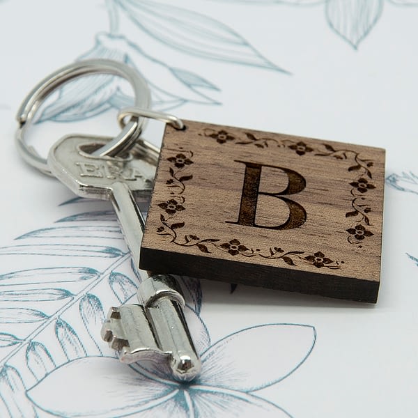 Floral Frame Initial Wooden Keyring