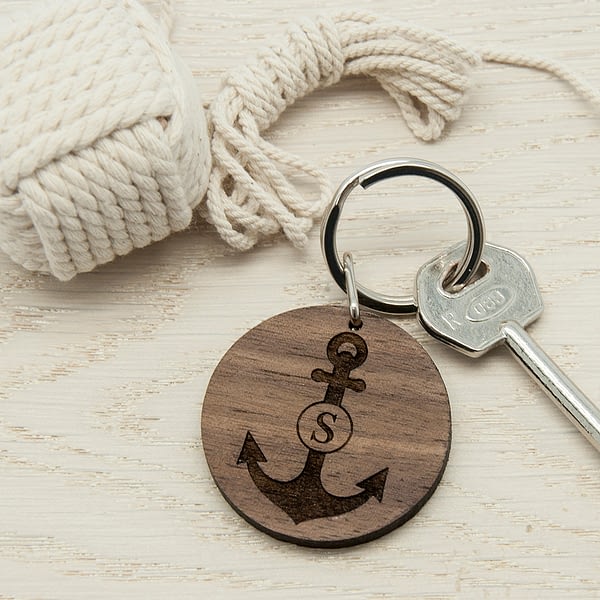 Anchor and Initial Round Wooden Keyring