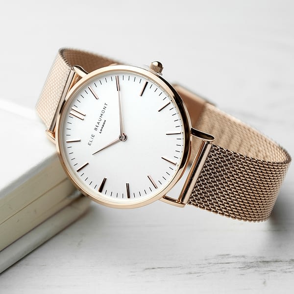 Personalised Rose Gold Mesh Strapped Watch With White Dial