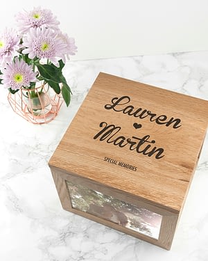 Oak Photo Keepsake Box Couple Name and Heart