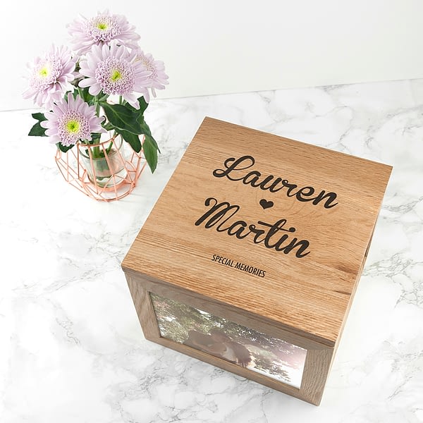 Oak Photo Keepsake Box Couple Name and Heart