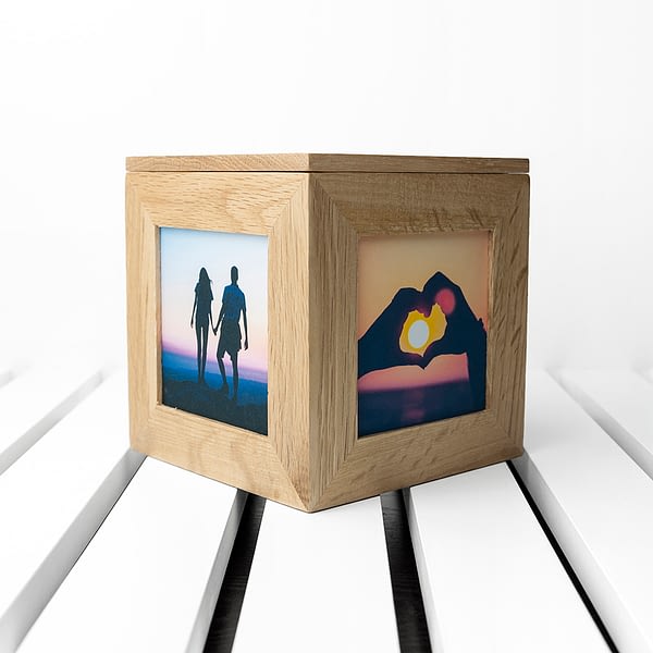 Personalised Romantic Heart Frame Oak Photo Cube