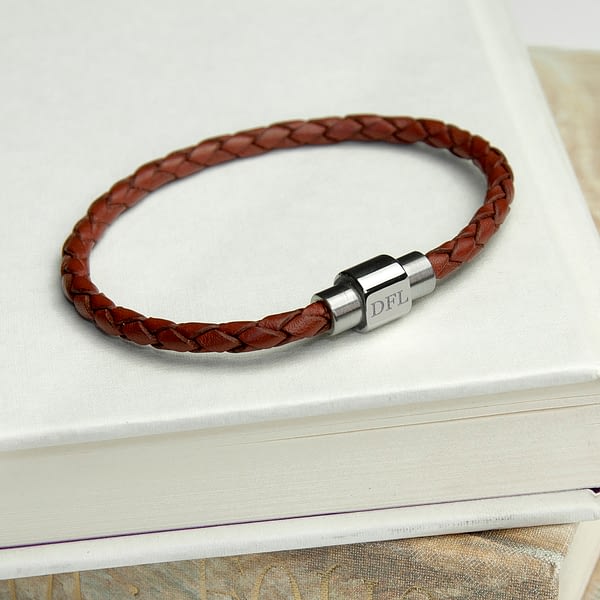 Personalised Men's Woven Leather Bracelet in Burnt Sienna