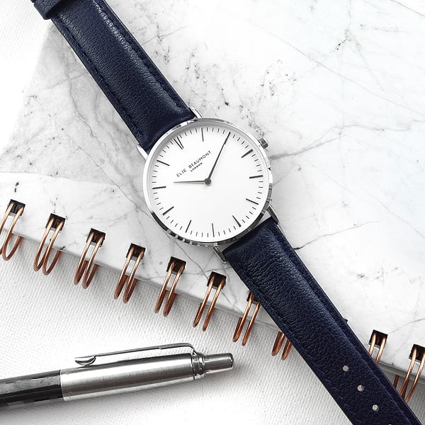 Modern - Vintage Personalised Leather Watch In Navy & Silver