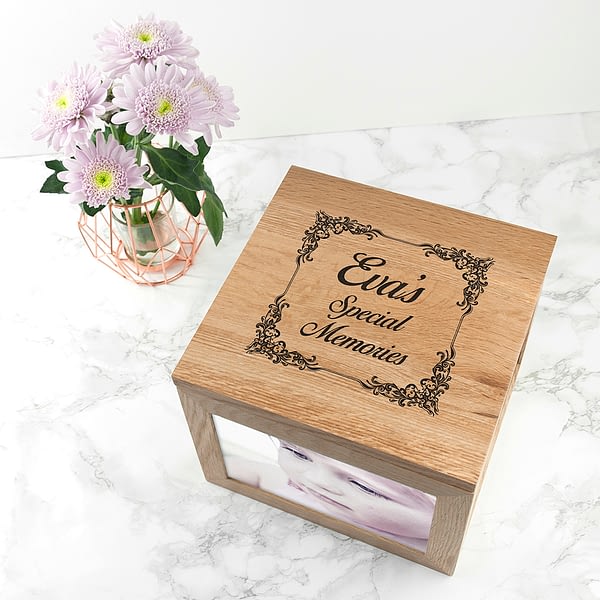 Vintage Style Oak Photo Keepsake Box