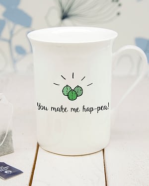 Personalised You Make Me Hap-Pea Bone Chine Mug