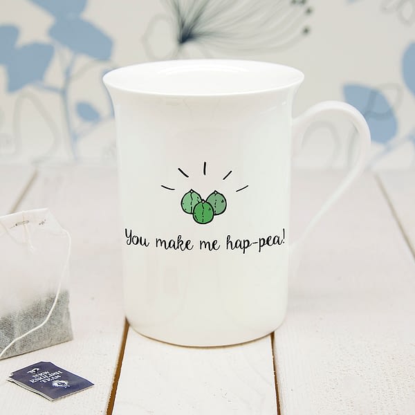 Personalised You Make Me Hap-Pea Bone Chine Mug