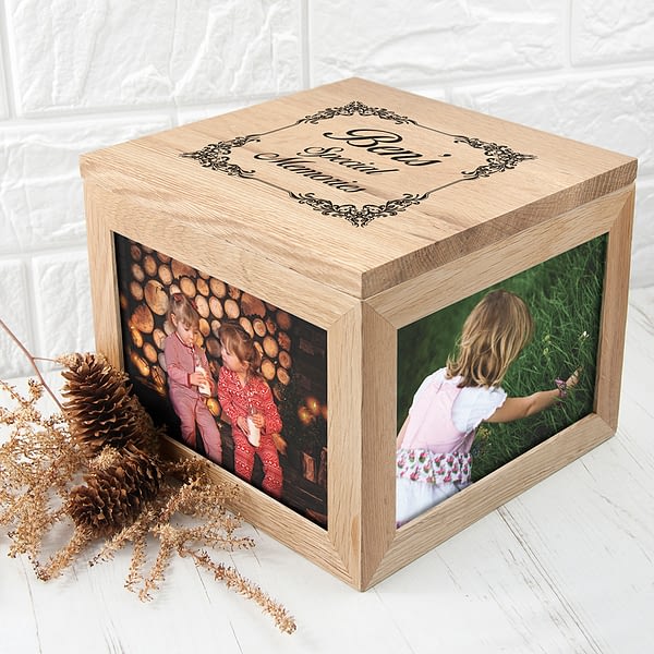 Vintage Style Oak Photo Keepsake Box