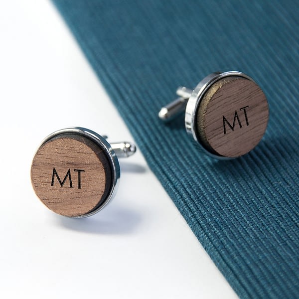 Monogram Engraved Round Walnut Cufflinks