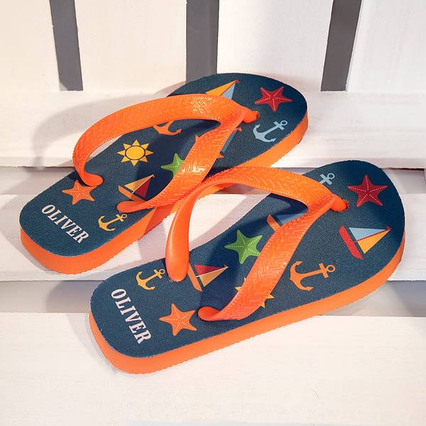 All The Fun At The Beach Child's Personalised Flip Flops In Navy