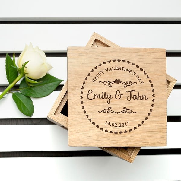 Personalised Romantic Heart Frame Oak Photo Cube