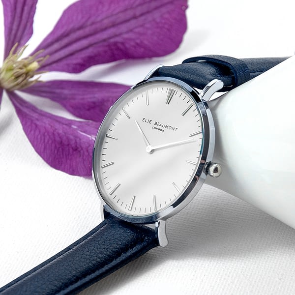 Modern - Vintage Personalised Leather Watch In Navy & Silver