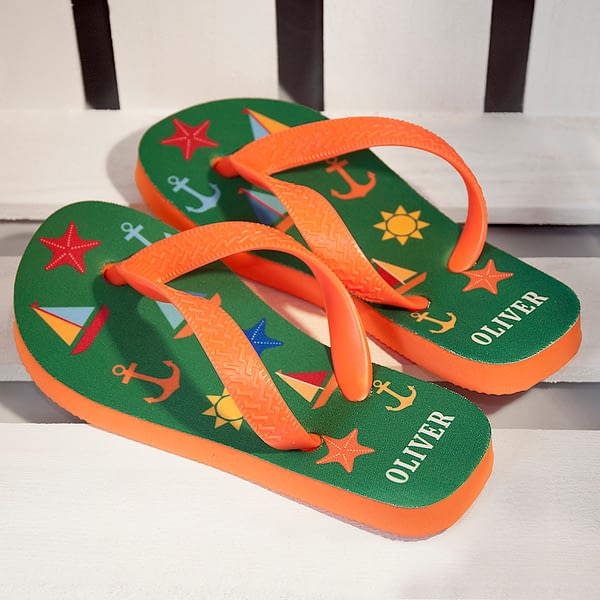 All The Fun At The Beach Child's Personalised Flip Flops In Green