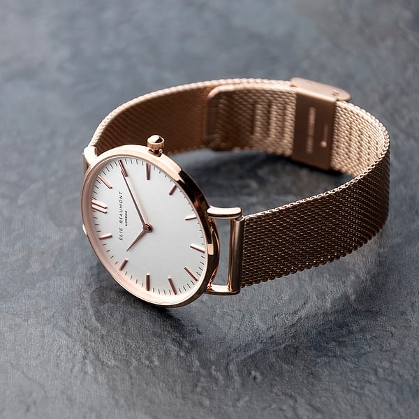 Personalised Rose Gold Mesh Strapped Watch With White Dial