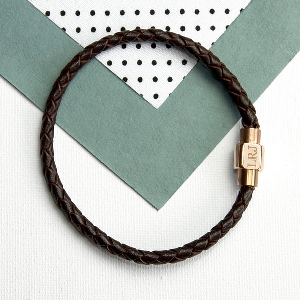 Personalised Men's Woven Leather Bracelet With Gold Clasp