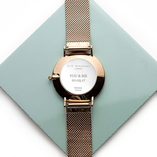 Personalised Rose Gold Mesh Strapped Watch With Black Dial