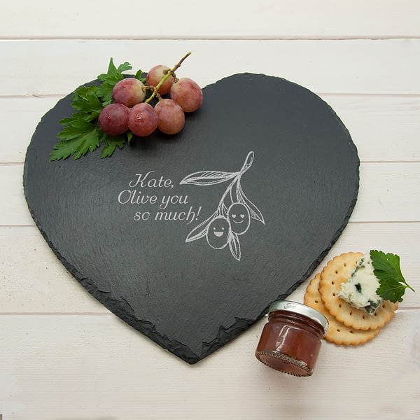 Romantic Pun Olive You So Much" Heart Slate Cheese Board"