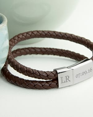 Personalised Men's Dual Leather Woven Bracelet In Umber