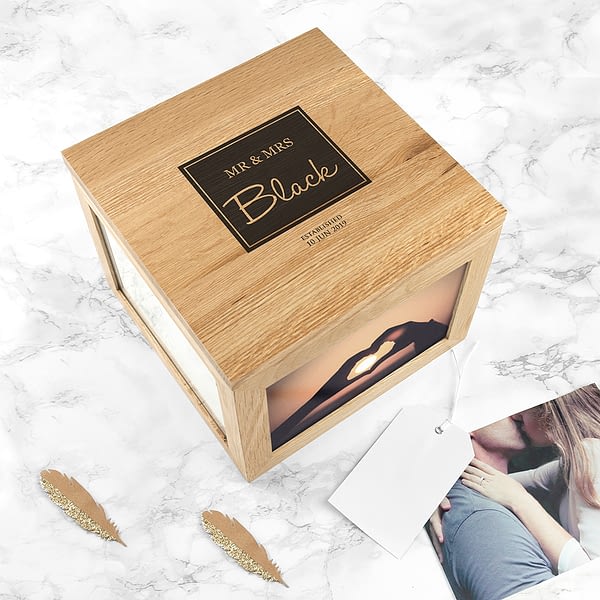 Contemporary Mr & Mrs Oak Photo Keepsake Box