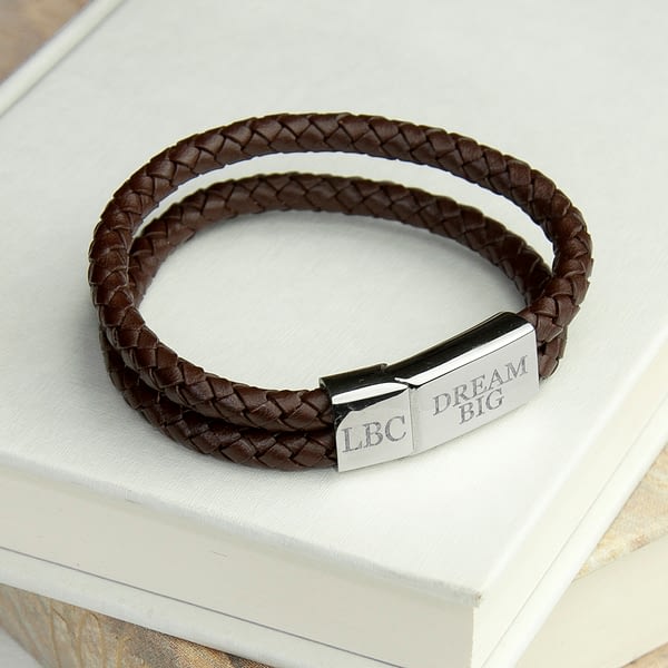 Personalised Men's Dual Leather Woven Bracelet In Umber