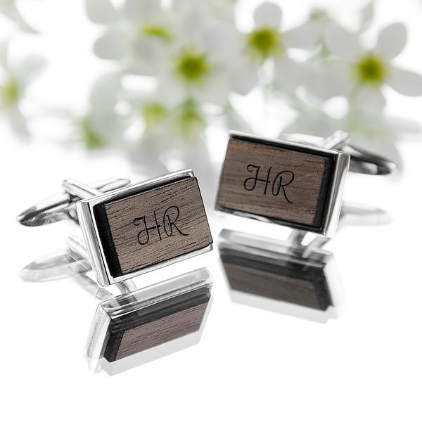 Monogram Engraved Rectangle Walnut Cufflinks