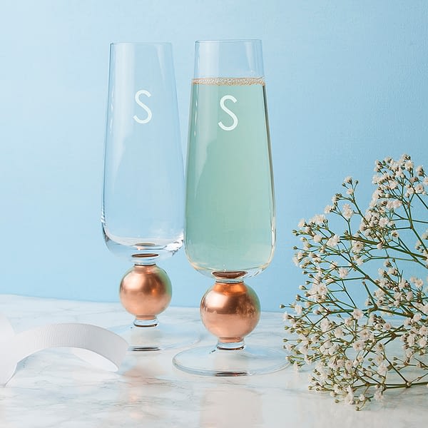 Personalised LSA Set Of Two Rose Gold Champagne Glasses