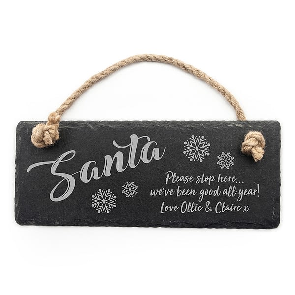 Personalised Santa Please Stop Here Slate Hanging Sign