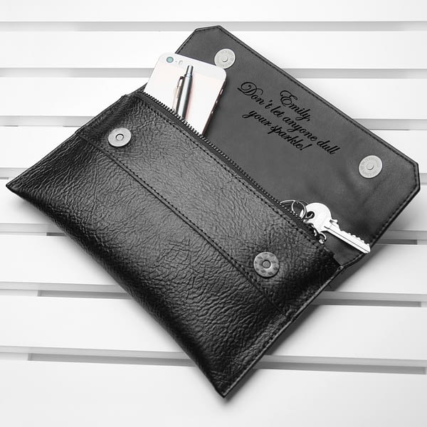 Personalised Black Leather Clutch Bag