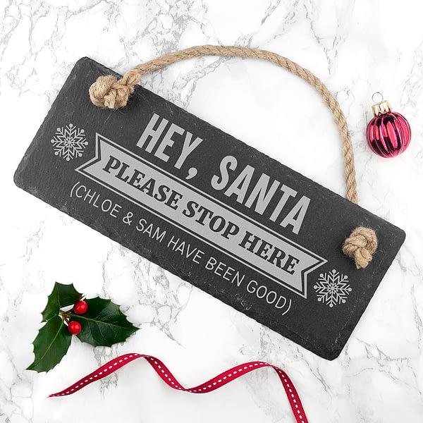 Personalised Hey Santa! Slate Hanging Sign