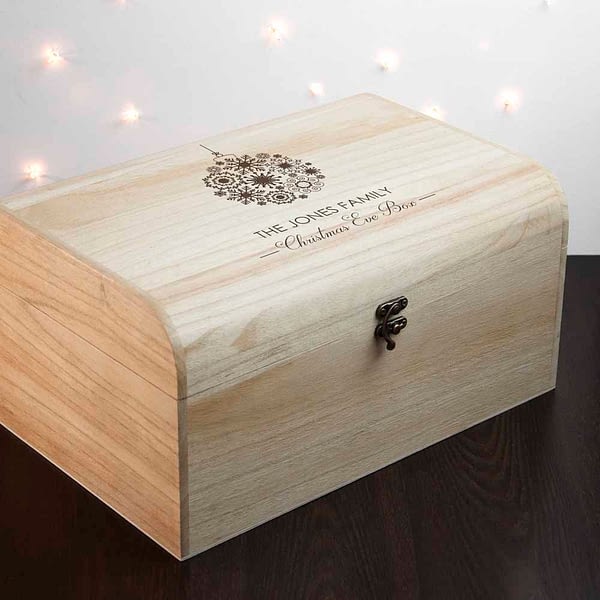 Personalised Family Christmas Eve Chest With Decorative Bauble Design