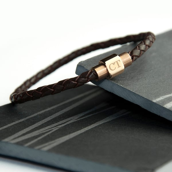 Personalised Men's Woven Leather Bracelet With Gold Clasp