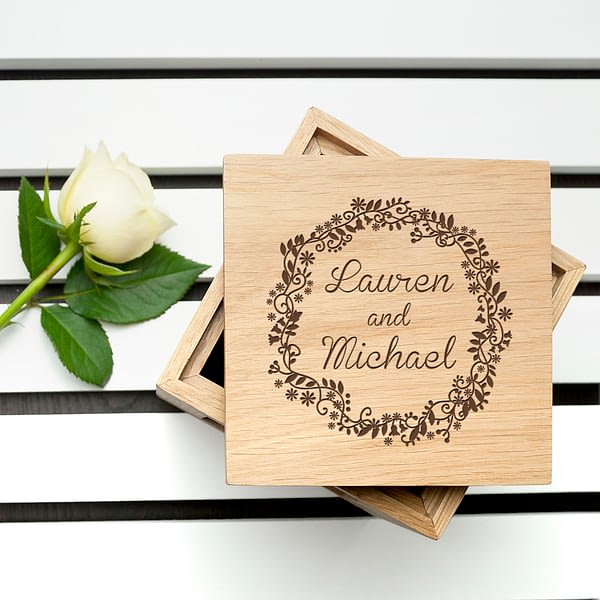 Personalised Romantic Floral Frame Oak Photo Cube