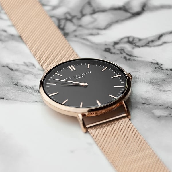 Personalised Rose Gold Mesh Strapped Watch With Black Dial