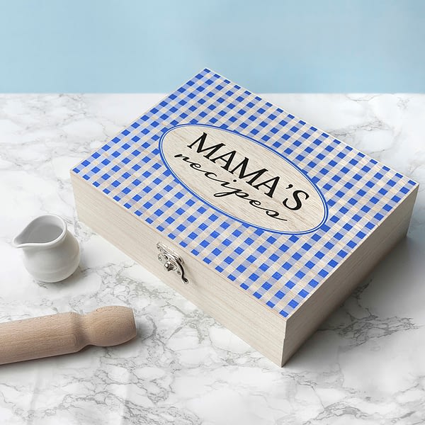 Personalised Gingham Blue Recipe Box