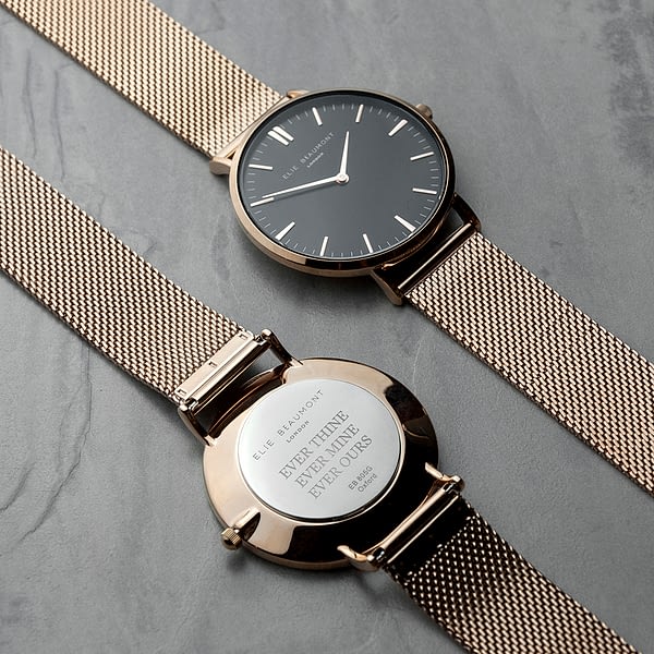 Personalised Rose Gold Mesh Strapped Watch With Black Dial