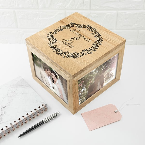 Couples' Oak Photo Keepsake Box with Floral Frame