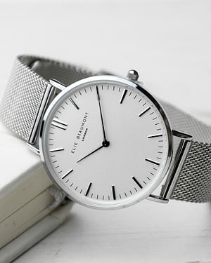 Personalised Metallic Mesh Strapped Watch With White Dial