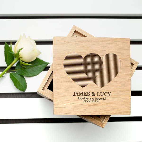 Personalised Heart Venn Diagram Oak  Photo Cube