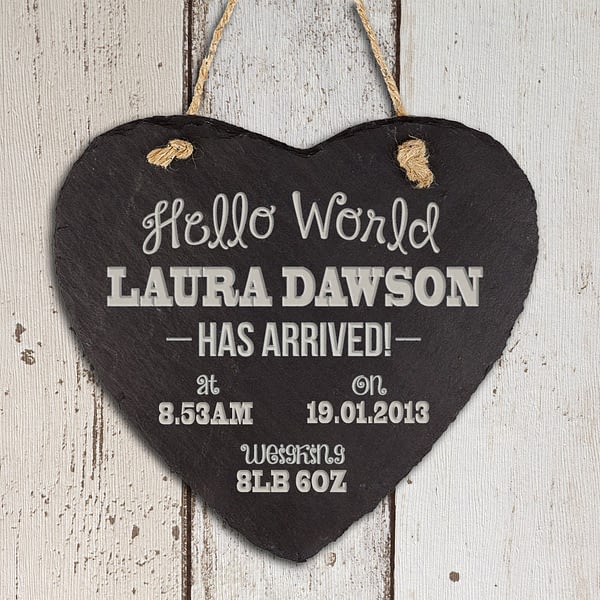 Personalised Hello World Slate Heart Keepsake