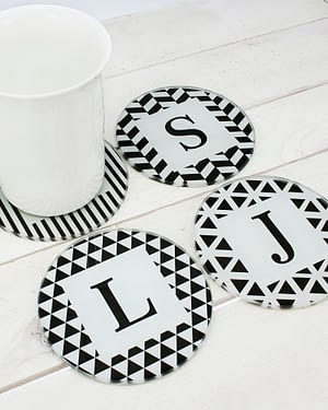 Set of Four Glass Coasters - Black & White Design