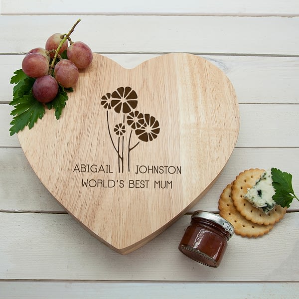 Worlds Best Mum with Daisy Flowers Heart Cheese Board