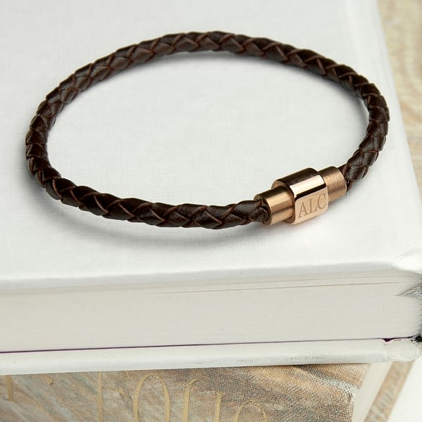 Personalised Men's Woven Leather Bracelet With Gold Clasp