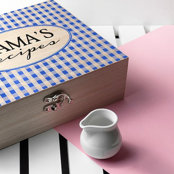 Personalised Gingham Blue Recipe Box