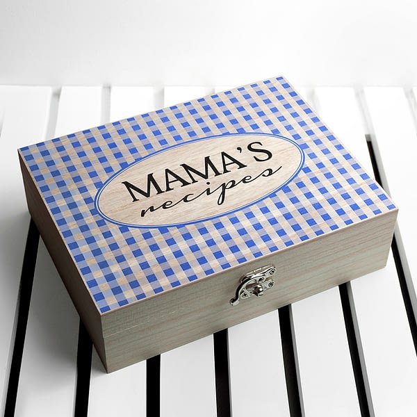 Personalised Gingham Blue Recipe Box