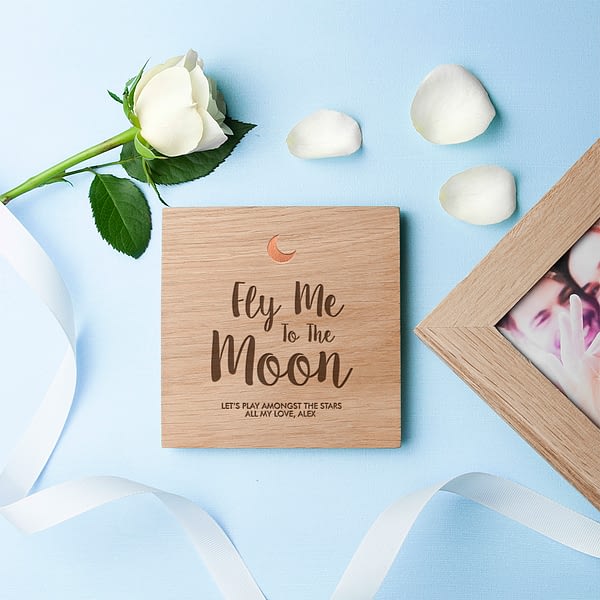 Personalised Fly Me To The Moon Oak Photo Cube