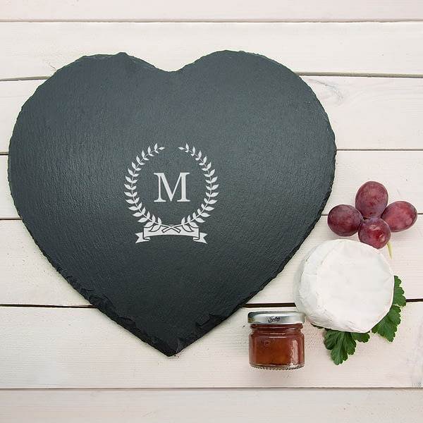 Monogrammed Wreath Heart Slate Cheese Board