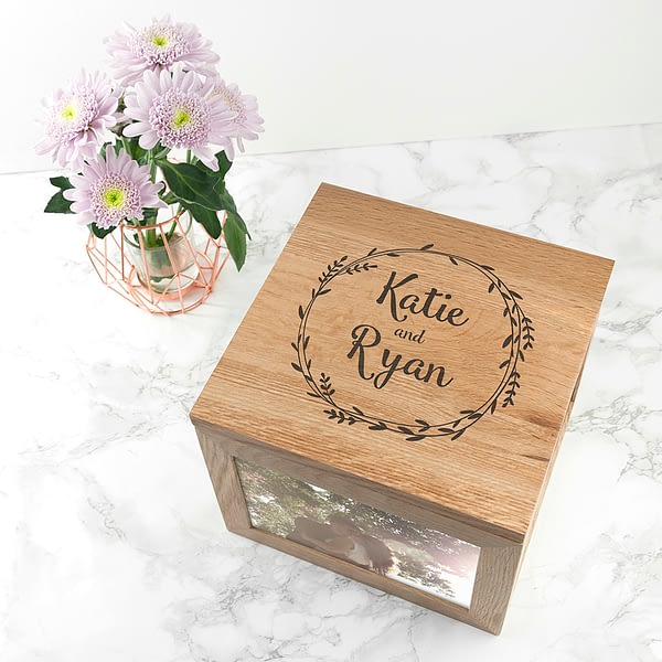 Couple's Oak Photo Keepsake Box With Wreath Design