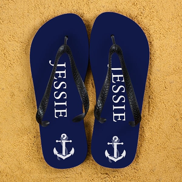 Anchor style Personalised Flip Flops in Blue and White