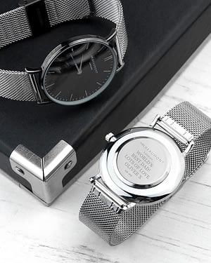 Personalised Men's Metallic Silver Watch With Black Face